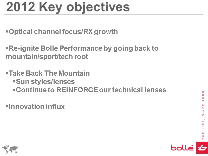 2012 Key objectives  Optical channel focus/RX growth  Re-ignite Bolle Performance by going